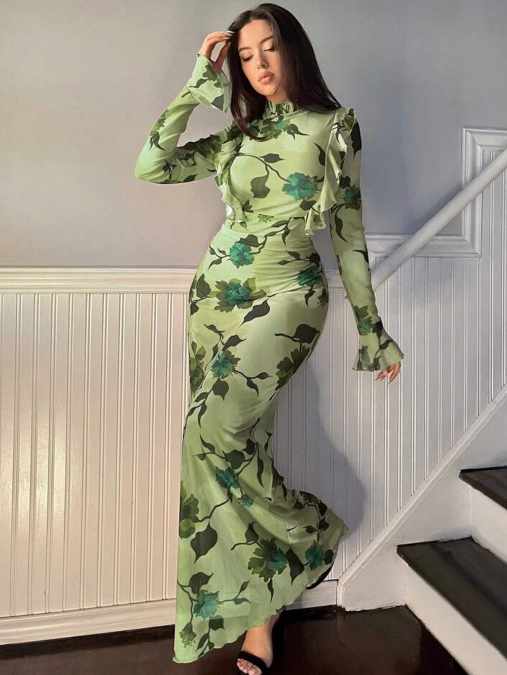 Green Floral Open-Back Maxi Dress - S - Picture 1 of 6
